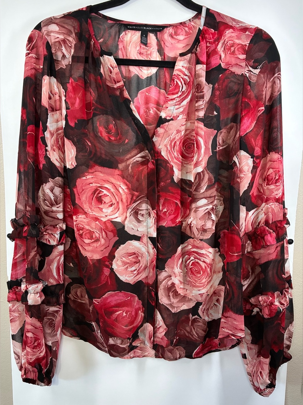 White House Black Market Rose Floral Hidden Button Blouse Sheer Women's Small